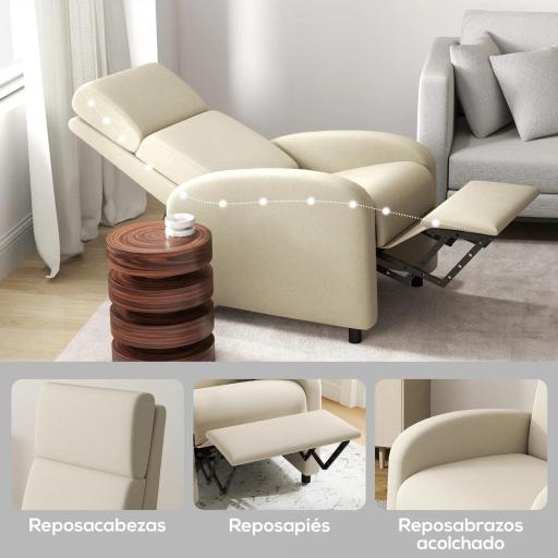 Sillón Relax Reclinable hasta 160° Sofá Reclinable Moderno con Reposapiés Soporta hasta 120 kg 64x86x102 cm Crema [6]