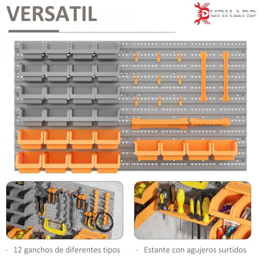 Estantería de Pared para Herramientas 95x54 cm con 28 Cajas Apilables y Diferentes Ganchos Gris y Naranja [9]