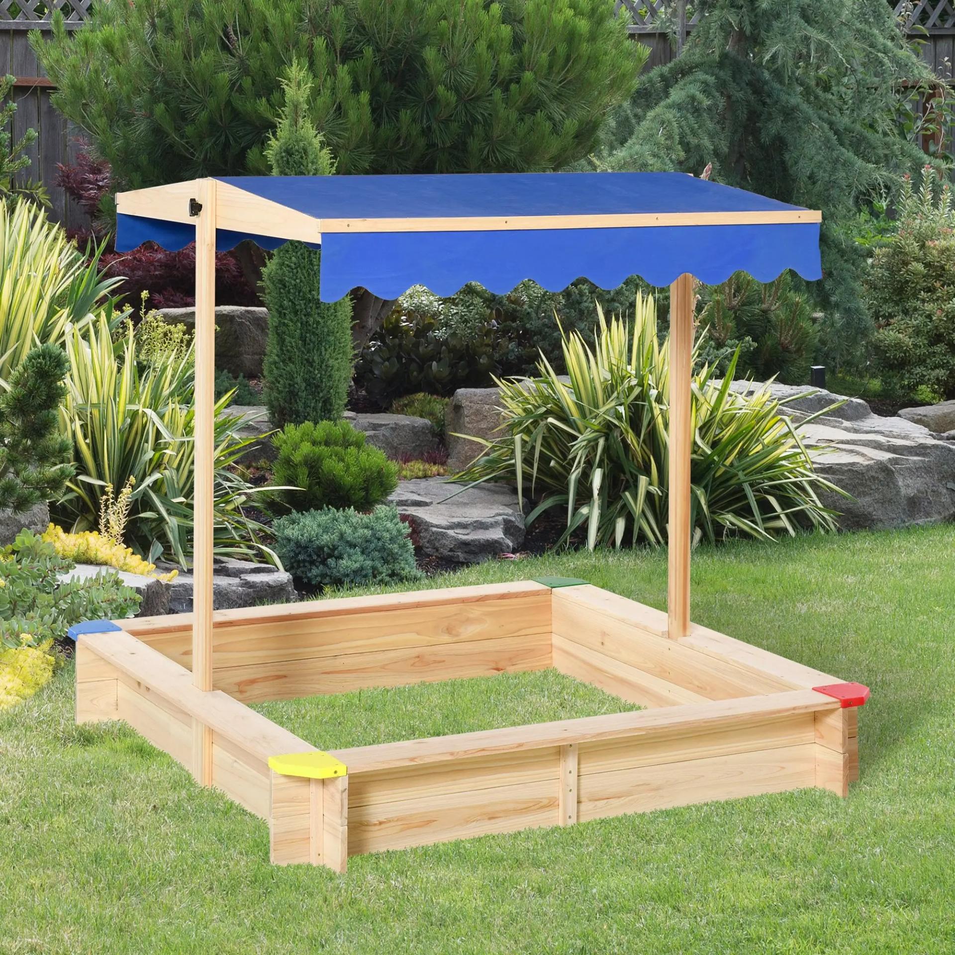 Arenero de Madera para Niños con Techo Cajón de Arena Toldo Ajustable Espacioso 120x120x120 cm para Jardín Exterior al Aire Libre Color Madera Natural