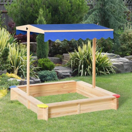 Arenero de Madera para Niños con Techo Cajón de Arena Toldo Ajustable Espacioso 120x120x120 cm para Jardín Exterior al Aire Libre Color Madera Natural