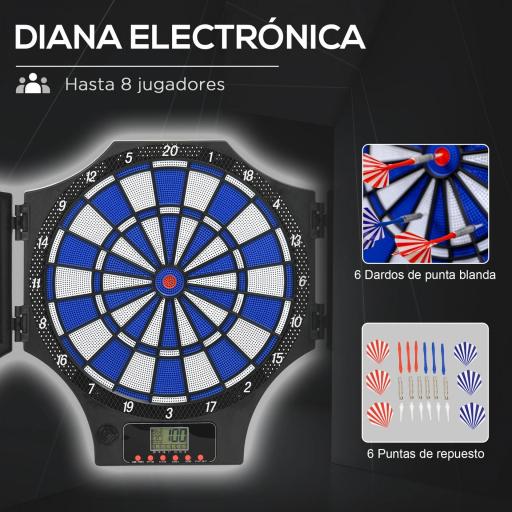 Diana Electrónica Plegable con 31 Juegos para 8 Jugadores con 6 Dardos y 6 Puntas de Repuesto Pantalla LCD 83x45cm Negro [2]