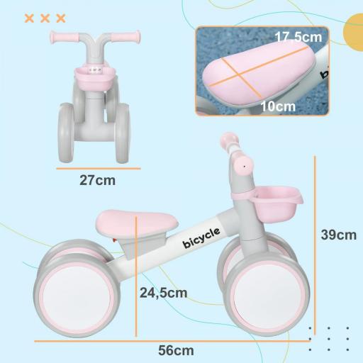 Bicicleta sin Pedales para Niños de 12-36 Meses con Asiento Ajustable Cesta y 4 Ruedas Silenciosas 56x27x39 cm Rosa [5]
