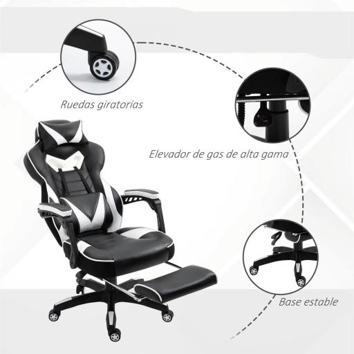 Silla Gaming Ergonómica Silla de Escritorio de Oficina Regulable en Altura Reclinable Respaldo con Reposapiés Reposacabezas Cojín Lumbar Ruedas 65x70x118,5-128,5 cm Blanco [2]