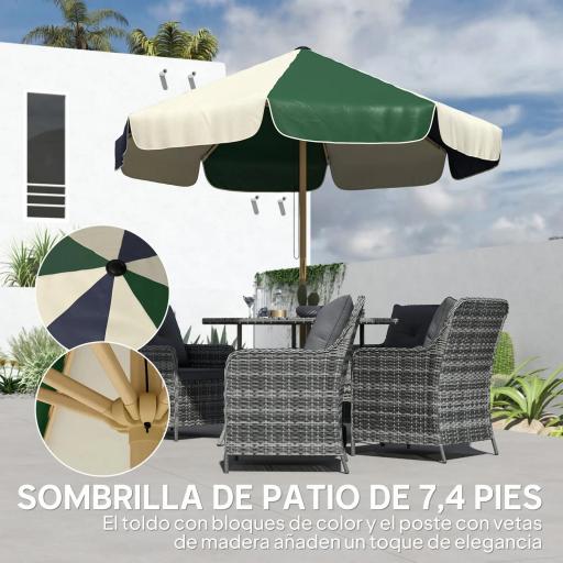 Sombrilla Terraza Exterior Ø2,3 m con Marco de Efecto Madera Polea con Cuerda Dosel Bicolor UPF30+ Verde Oscuro [7]