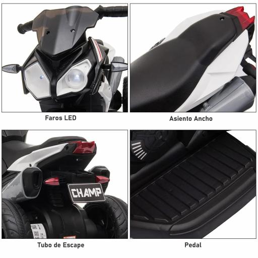Moto Eléctrica Infantil con 3 Ruedas Trimoto para Niños de +3 Años con Batería 6V Recargable Funciones de Música Bocina Faros 86x42x52 cm Negro y Blanco [3]