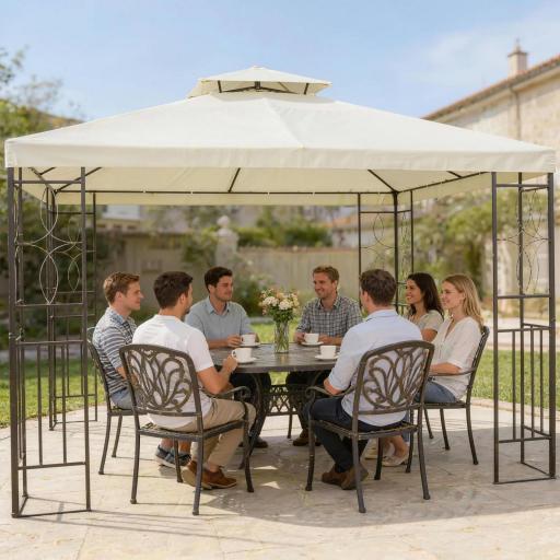 Cenador de Jardín 4x3m con Doble Techo Estructura de Acero Anti-UV para Exterior Patio Terraza Blanco Crema
