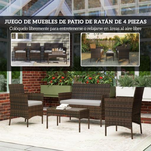 Conjunto Muebles Jardín de Ratán Sintético con Sofá Sillones y Mesa de Vidrio Templado y Cojines Marrón y Gris [2]
