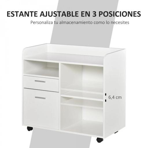 Armario para Impresora con 3 Compartimentos 2 Cajones para Archivos Estante Ajustable Ruedas 80x40x72 cm Blanco [9]