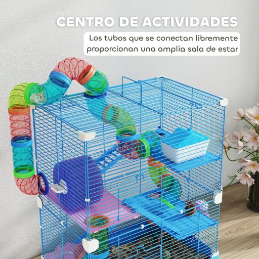 Jaula de Hámster con Túnel Plataformas Cuenco Bebedero Casita Rampas y Rueda de Ejercicio 46x30x58 cm Azul [4]
