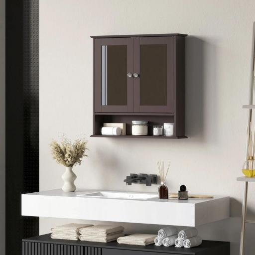 Armario de Baño con Espejo Armario de Pared con 2 Puertas Estante Abierto Estante Ajustable 56x13x58cm Marrón Oscuro [7]