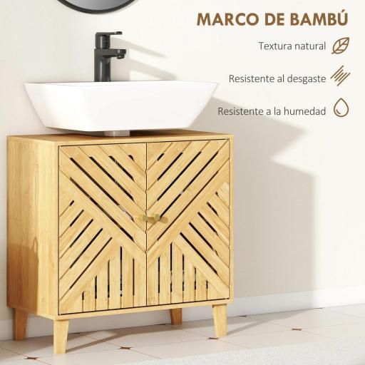 Mueble bajo Lavabo de Bambú con 2 Puertas Lamas y Estante Ajustable para Lavabo sin Pedestal 60x30x60 cm Natural [8]