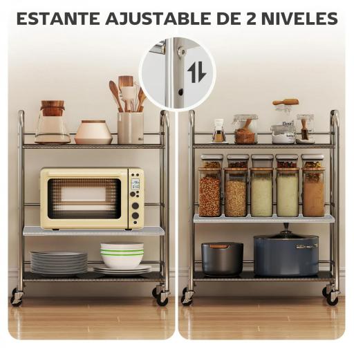 Carrito Auxiliar con Ruedas de Acero Inoxidable Carro de Servicio de 3 Niveles con Estante Ajustable 60x35x77 cm Plata [4]