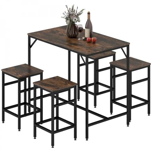 Mesa Alta de Cocina con 4 Taburetes Industrial Reposapiés Ahorro de Espacio para Espacios Reducidos Marrón Rústico [5]