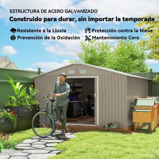 Cobertizo de Jardín 12,4 m² 340x386x200 cm con 2 Puertas Corredizas Base Refuerzo (Suelo NO Incluido) Gris Claro [2]