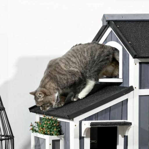 Caseta de Madera de Exterior para Gatos Casa para Gatos Refugio para Gatos de 2 Niveles 96x65x85,5 cm Gris [7]