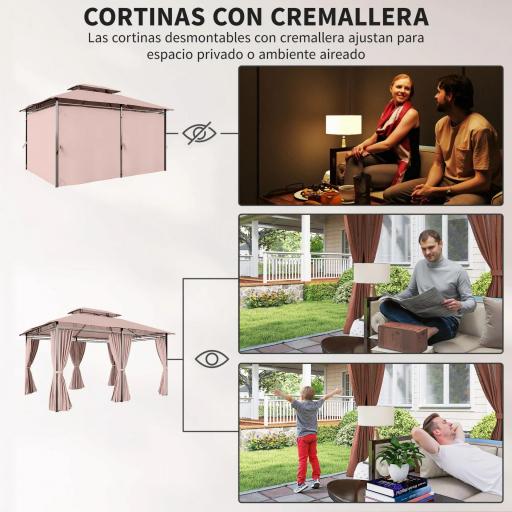 Gazebo de Exterior 3x4 m con Paredes Laterales Doble Techo 6 Puertas con Cremallera y 8 Orificios de Drenaje Caqui [2]