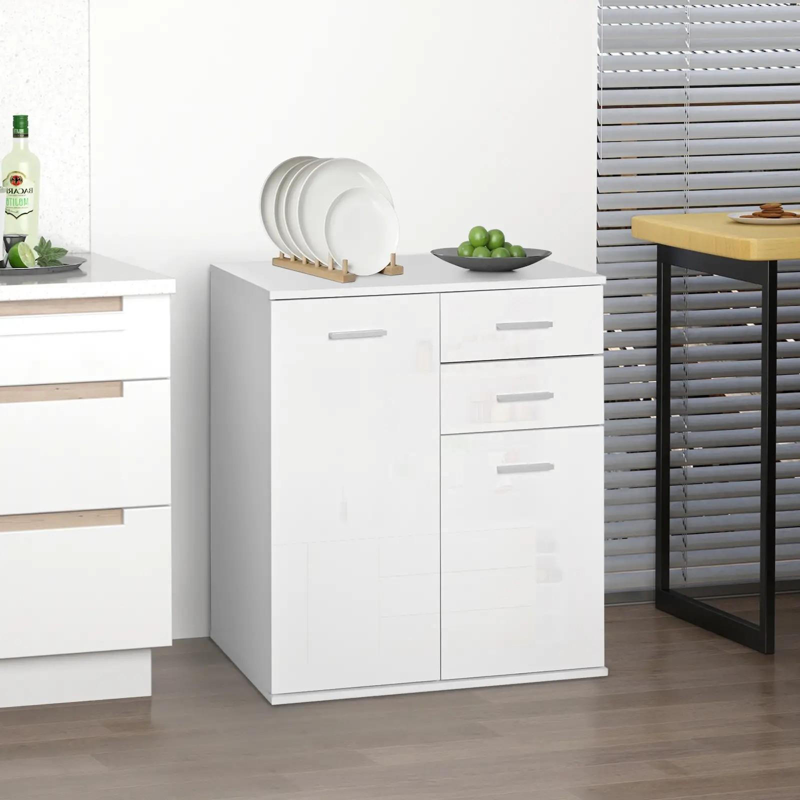 Mueble Auxiliar de Salón Aparador Estrecho con Puertas y Cajones 71x35x76cm Blanco