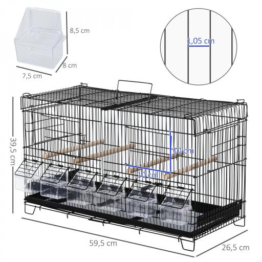 Jaula para Pájaros con Divisor Ganchos Superiores Puertas Comederos Perchas y Bandeja Extraíble 59,5x26,5x39,5 cm Negro [1]