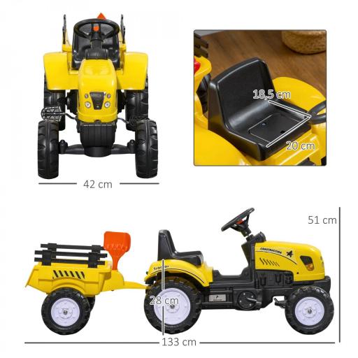 Tractor a Pedales para Niños a partir de 3 Años con Remolque y 2 Herramientas Carga 35 kg 133x42x51 cm Amarillo [1]