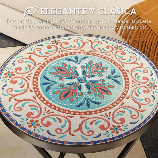Mesa Auxiliar Redonda de Jardín Plegable con Encimera de Mosaico y Almohadillas Antideslizantes Ø35,5x55 cm Multicolor [2]