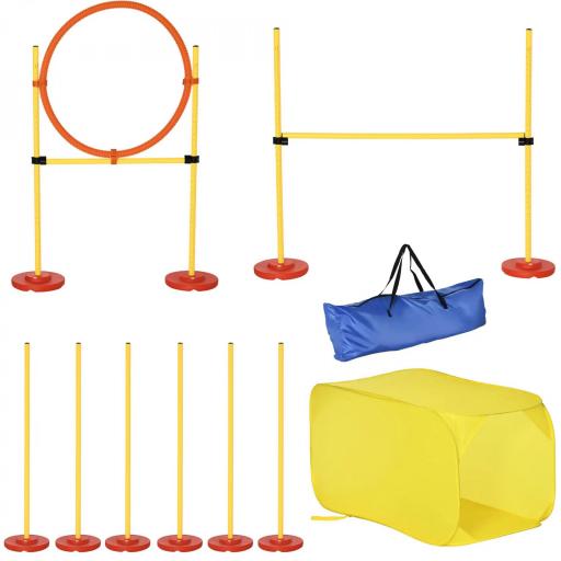 Conjunto 4 Obstáculos de Entrenamiento para Perro Set de Agilidad para Mascotas Estable Altura Ajustable de Aro con Túnel Postes y Bolsa Transporte Amarillo [8]