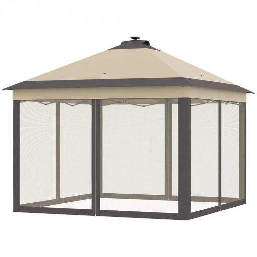 Carpa Plegable con Luces LED 3,3x3,3 m Cenador de Jardín con Control Remoto con 4 Mosquiteras Altura Ajustable Beige [8]