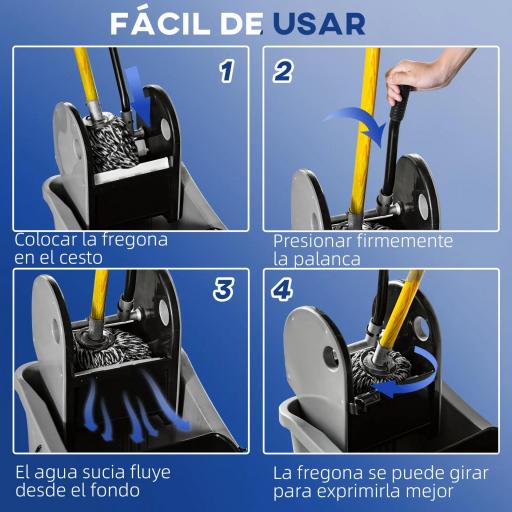Cubo de Fregona con Ruedas 36L Carro de Limpieza con Escurridor de Presión y 2 Cubetas Separadas 54x41x91,5cm Gris [4]