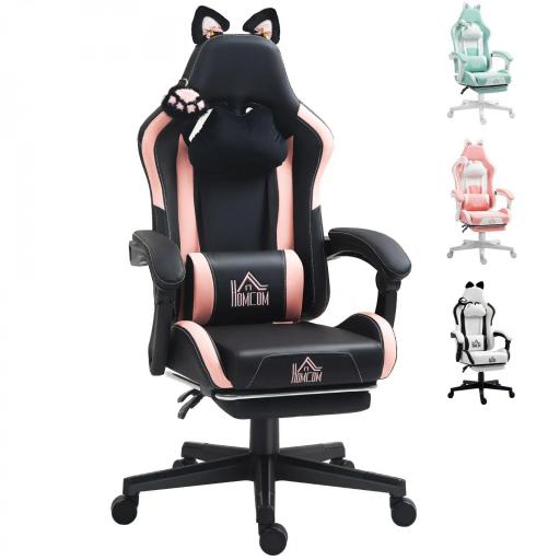 Silla Gamer Reclinable con Altura Ajustable Reposapiés Retráctil Soporte Lumbar y Reposacabezas Desmontable Negro [8]