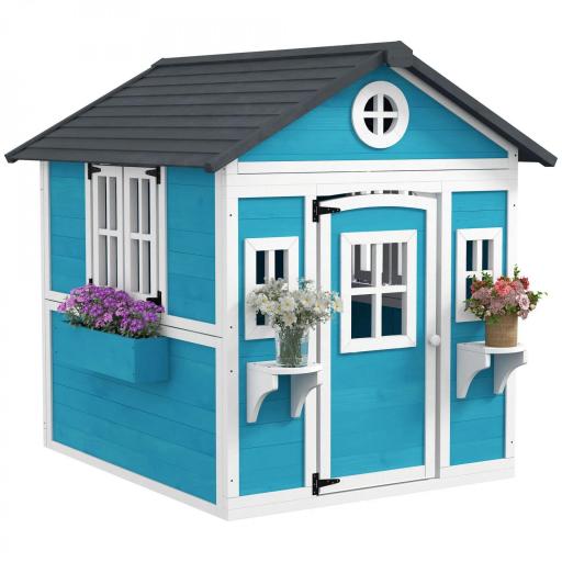 Casita de Madera Infantil con Puerta Ventanas Jardineras y Repisas con Detalles de Color 114x126,4x135 cm Azul [8]
