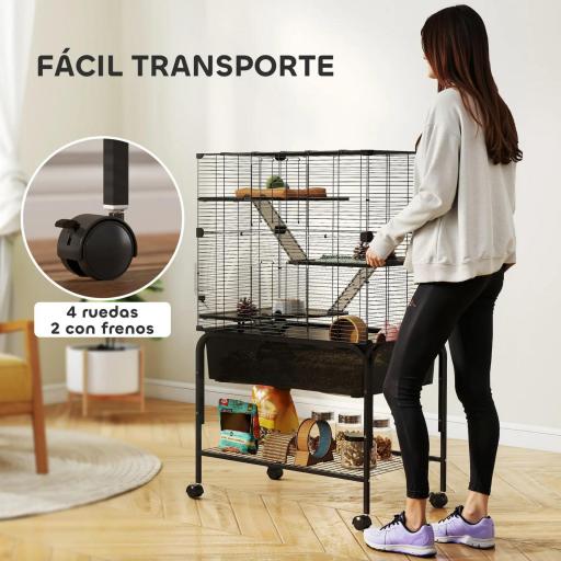 Jaula para Animales Pequeños de 4 Niveles con Ruedas Bandeja Profunda Rampas Plataformas y Comedero 73x47x123 cm Negro [3]