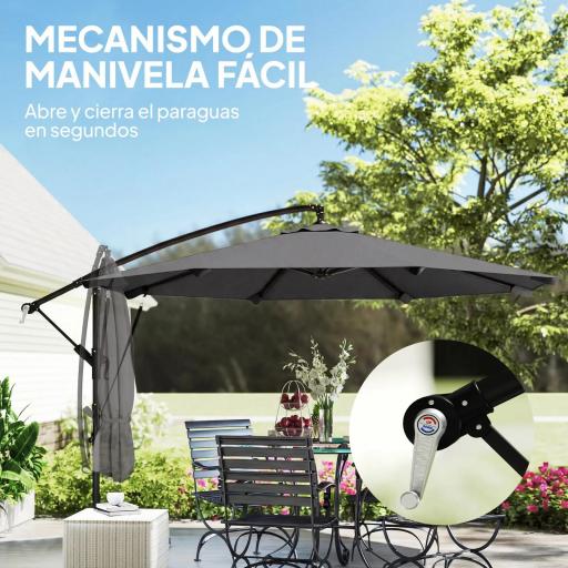 Parasol Excéntrico Ø300 cm con Base Cruzada Manivela Funda Protectora y Cuerdas de Viento UPF30+ Gris Oscuro [4]