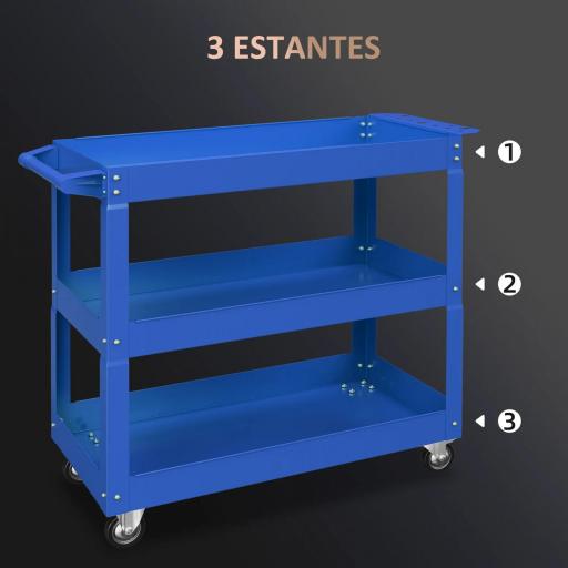 Carro de Taller de Acero con 3 Estantes de Almacenamiento y Asa Lateral Carga 150 kg 83x35,3x76 cm Azul [2]