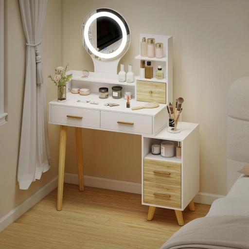 Tocador con Espejo y Luces LED Ajustables con 5 Cajones 4 Compartimentos y 1 Estante 100x44x137 cm Blanco y Natural [4]