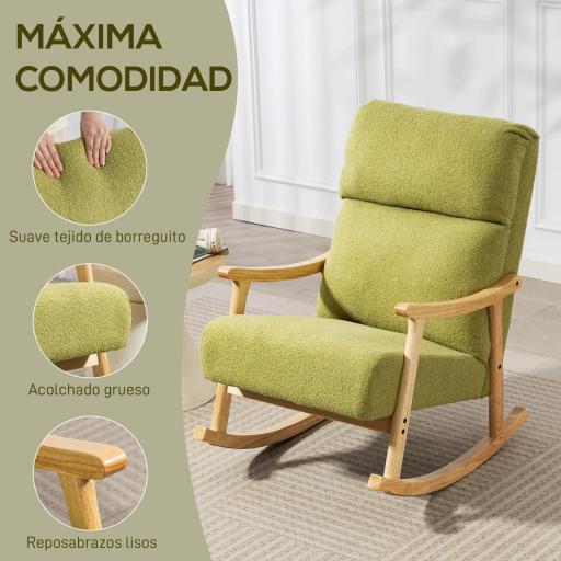 Silla Mecedora de Borreguito con Patas y Reposabrazos de Madera de Caucho Mecedora Carga 120 kg Verde Claro [3]