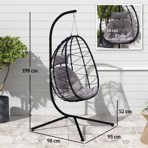 Silla Colgante Huevo con Soporte con Cesta Plegable Cojín y Reposacabezas para Interior y Exterior Carga 120 kg Gris [1]