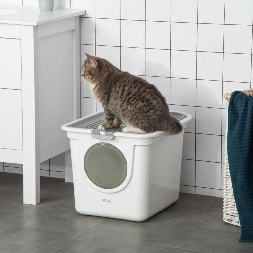 Arenero para Gatos Cubierto con Pala Inodoro para Gatos con 2 Puertas Principal y Superior 44x55x39 cm Blanco y Gris