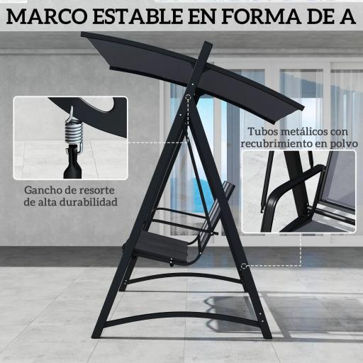Columpio de Jardín de 3 Plazas con Techo Ajustable UPF50+ Asiento Transpirable Carga 360 kg 188x130x183 cm Gris [5]