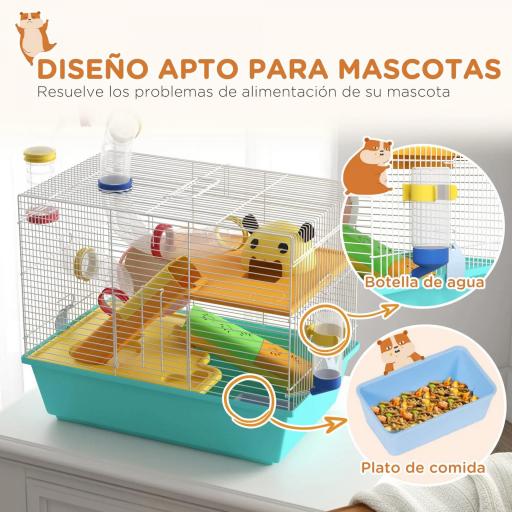 Jaula de Hámster con Túnel Plataformas Cuenco Bebedero Casita Rampas y Rueda de Ejercicio 45x28x37 cm Azul Claro [3]