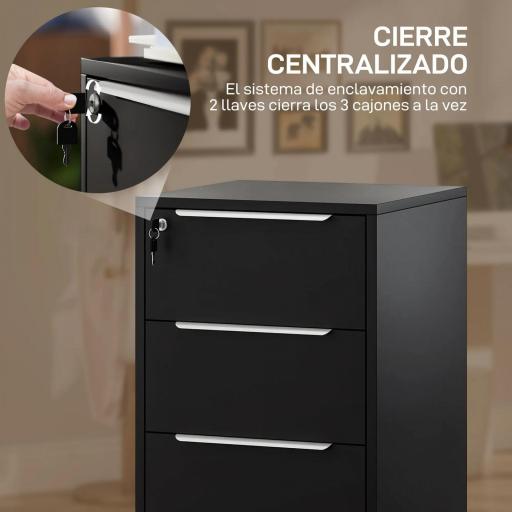 Cajonera de Escritorio con 3 Cajones Ruedas Cerradura y 2 Llaves para Estudio Salón 40x40x63,5 cm Negro [3]