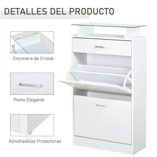 Organizador de Zapatos Multifuncional Zapatero con 3 Cajones Estante de Vidrio Asa de Aluminio para Pasillo Tablero de Partículas Carga 50 kg 60x24x105,5 cm Blanco [3]