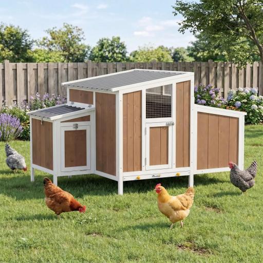Gallinero para Exterior de Madera 145x90x92 cm para 2-4 Gallinas con Nido Casa Lateral Bandeja Extraíble Marrón Claro [3]