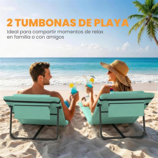 Conjunto de 2 Esterillas de Playa Plegable con Respaldo Ajustable Reposacabezas Acolchado 146x50x2 cm Verde [4]