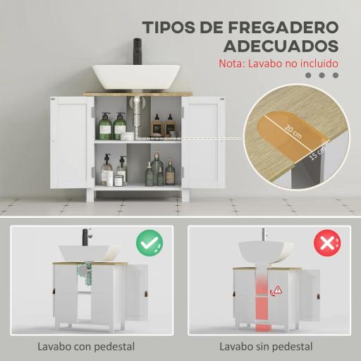 Mueble bajo Lavabo Mueble de Lavabo con Pie con 2 Puertas 2 Mangos y Estante Ajustable sin Lavabo 60x30x60 cm Blanco [4]