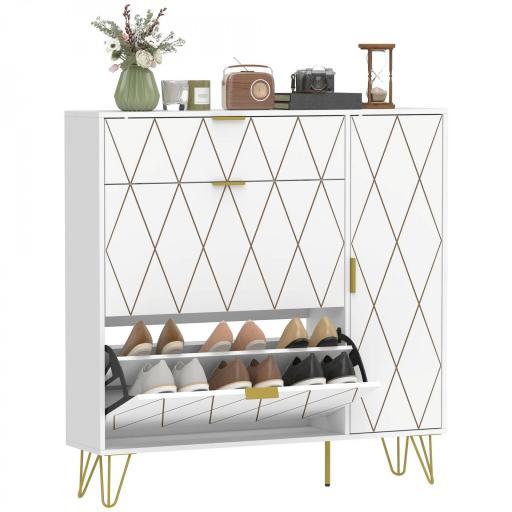 Mueble Zapatero Moderno con 2 Cajones Abatibles Armario y Estantes Ajustables para 10-14 Pares de Zapatos Blanco [8]