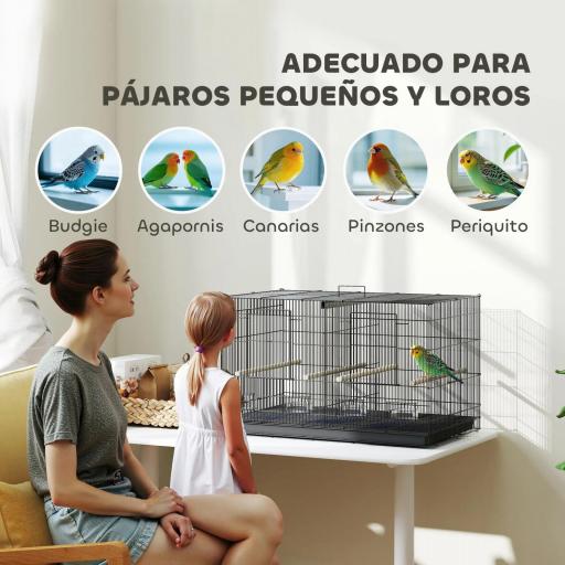 Jaula para Pájaros con Divisor 4 Comederos 4 Perchas Bandeja Extraíble para Loros Canarios Periquitos 76x46x46 cm Negro [3]
