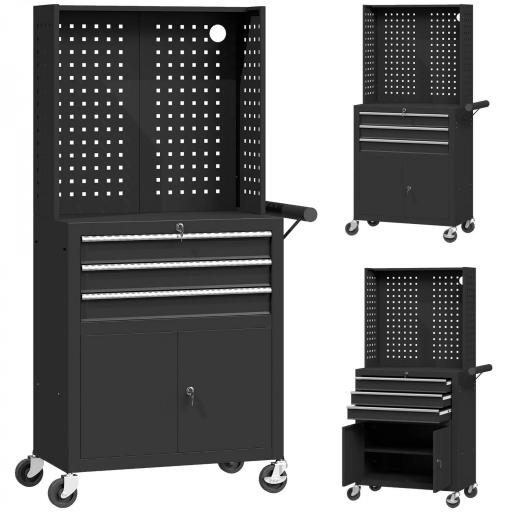 Carro de Herramientas con 3 Cajones Tabla de Pegboard Cerradura por Llave Estante Ajustable 2 Ruedas con Freno Negro [8]