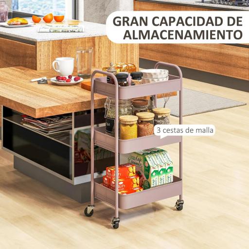 Carrito de Almacenamiento con 3 Cestas y Marco de Acero para Salón Dormitorio Oficina Cocina 45x30,6x79 cm Rosa [7]