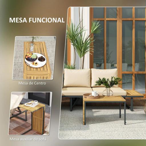 Conjunto de Sofás de Exterior Modular de Acero y Madera de Acacia con Mesa Auxiliar y Cojines Extraíbles [3]