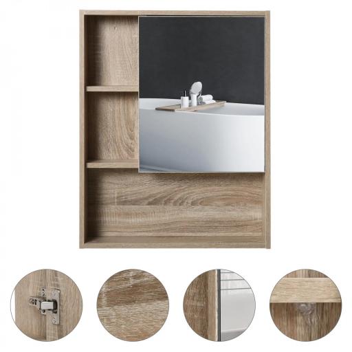 Armario con Espejo Armario de Baño Montado en Pared con Estante Ajustable en Altura Espacio Interno Estantes Abiertos 60x15x76 cm Grano de Roble [7]