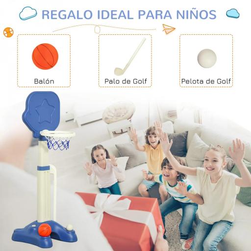 Canasta de Baloncesto 2 en 1 Canasta de Baloncesto Infantil con Aro Ajustable en Altura de 83-120 cm Pelotas y Palo de Golf 46x41x116-153 cm Azul y Blanco [3]